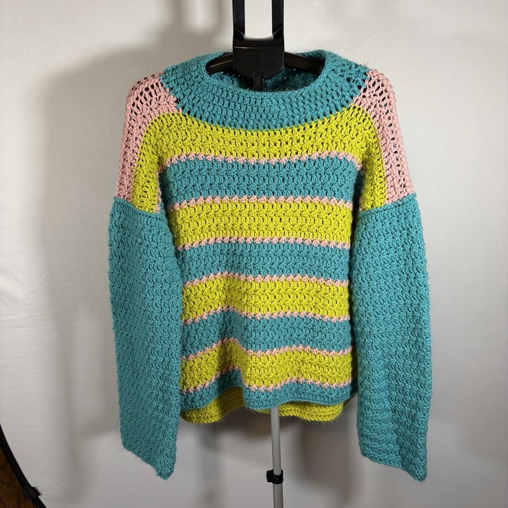Handmade Knit Crochet Striped Sweater XL Cottage Grandma Pink Green Blue Hippie